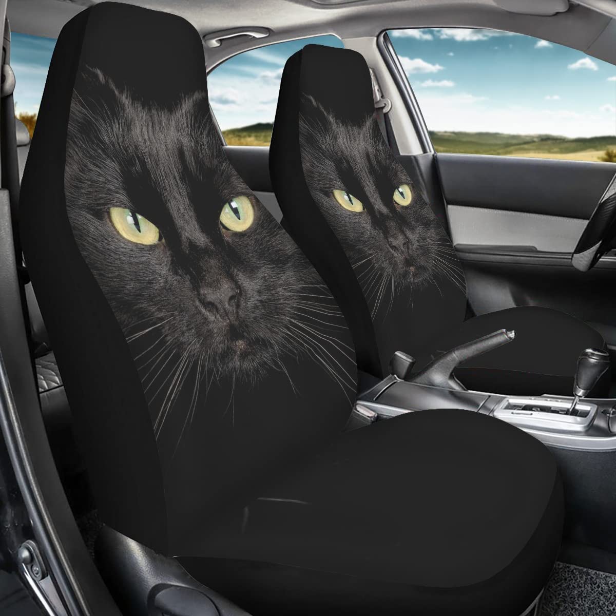 Bigcarjob Durable Washable Black Cat Car Seat Covers 2Pc Front Seat Only Ultra-Soft Universal Auto Drive Seat Protector Cover