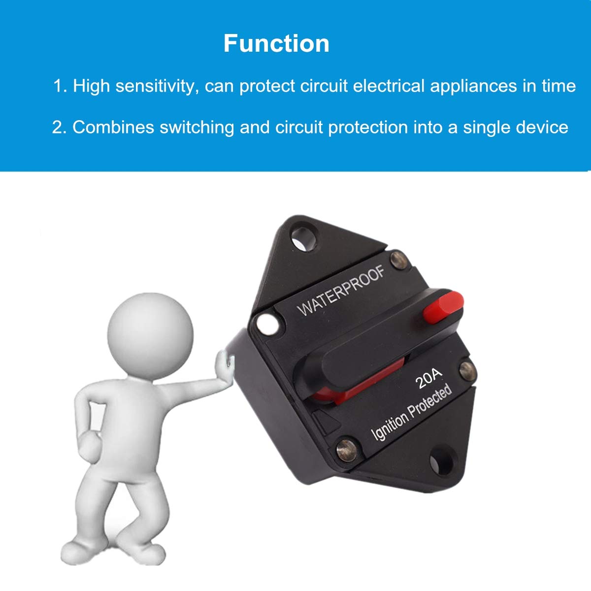 Wohhom Hi-Amp 20Amp Circuit Breaker 12V-32V Dc Waterproof, 10-300A Fuse Inverter With Manual Reset Button For Auto Truck Rv Marine, Panel Mount (20A)