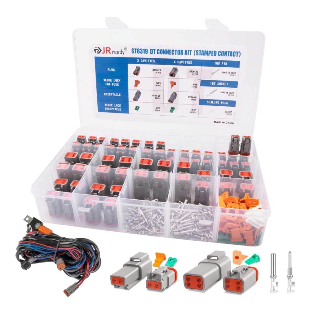 Jrready Deutsch Connector Kit 2-Pin 4-Pin Dt Series Gray Waterproof Connector, 88 Pcs Stamped Formed Contacts(14-18Awg), Deutch 