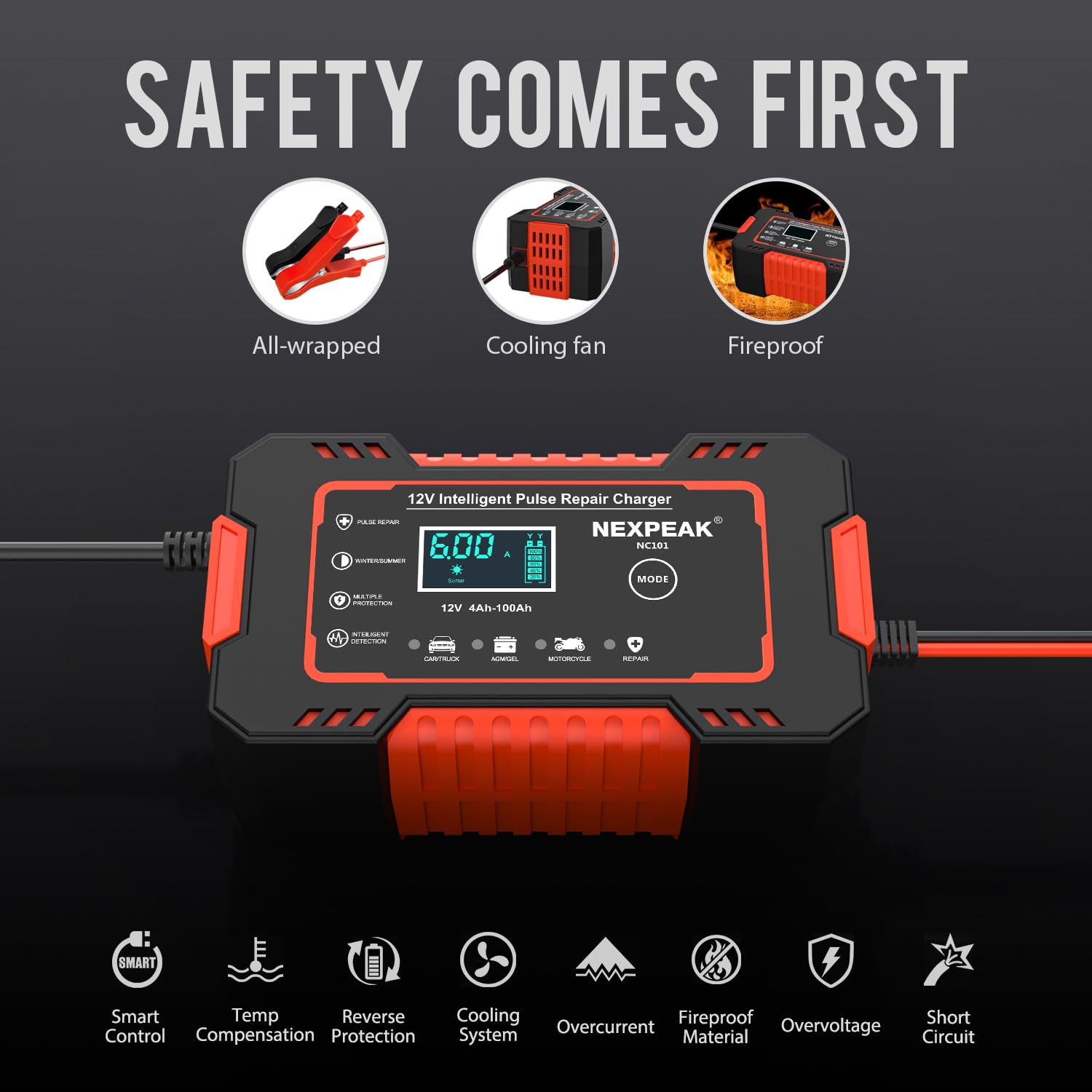 Nexpeak Nc101 Car Battery Charger, Smart Battery Trickle Charger 12V 6A Automotive Battery Maintainer Desulfator With Temp Compensation For Car Truck Motorcycle Lawn Mower Marine Lead Acid Batteries