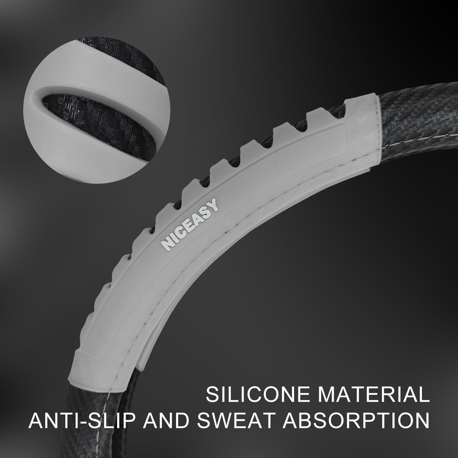 NICEASY Sport Style Black Carbon-Fiber Steering Wheel Cover with Grey Grip Steering Wheel Accessory,Universal Fit 14.75-15 inch