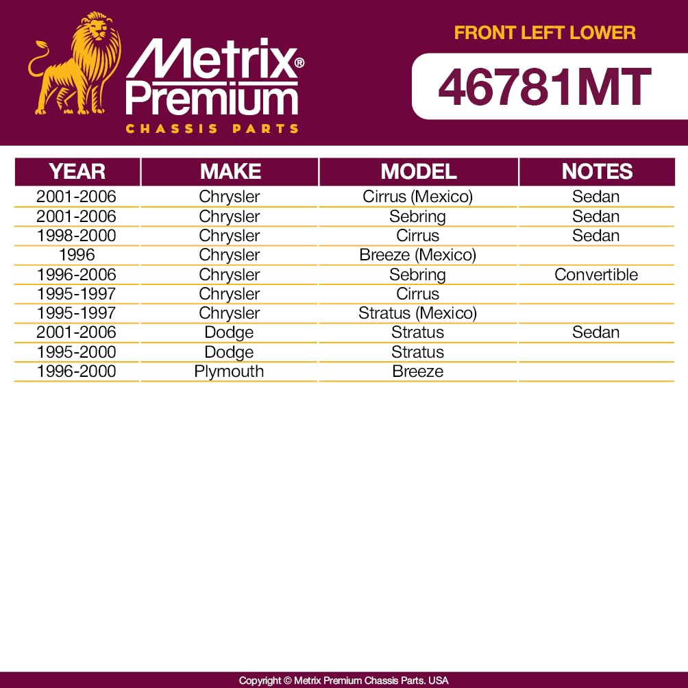 Metrix Premium Chassis Parts - Front Left Lower Control Arm W Ball Joint & Bushing Assembly Fits 01-06 Chrysler Cirrus, 01-06 Se