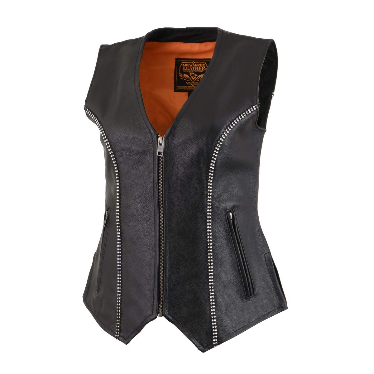 Milwaukee Leather MLL4502 Women's Black Leather Classic V-Neck Motorcycle Rider Vest with Rhinestone Bling Detail - Large