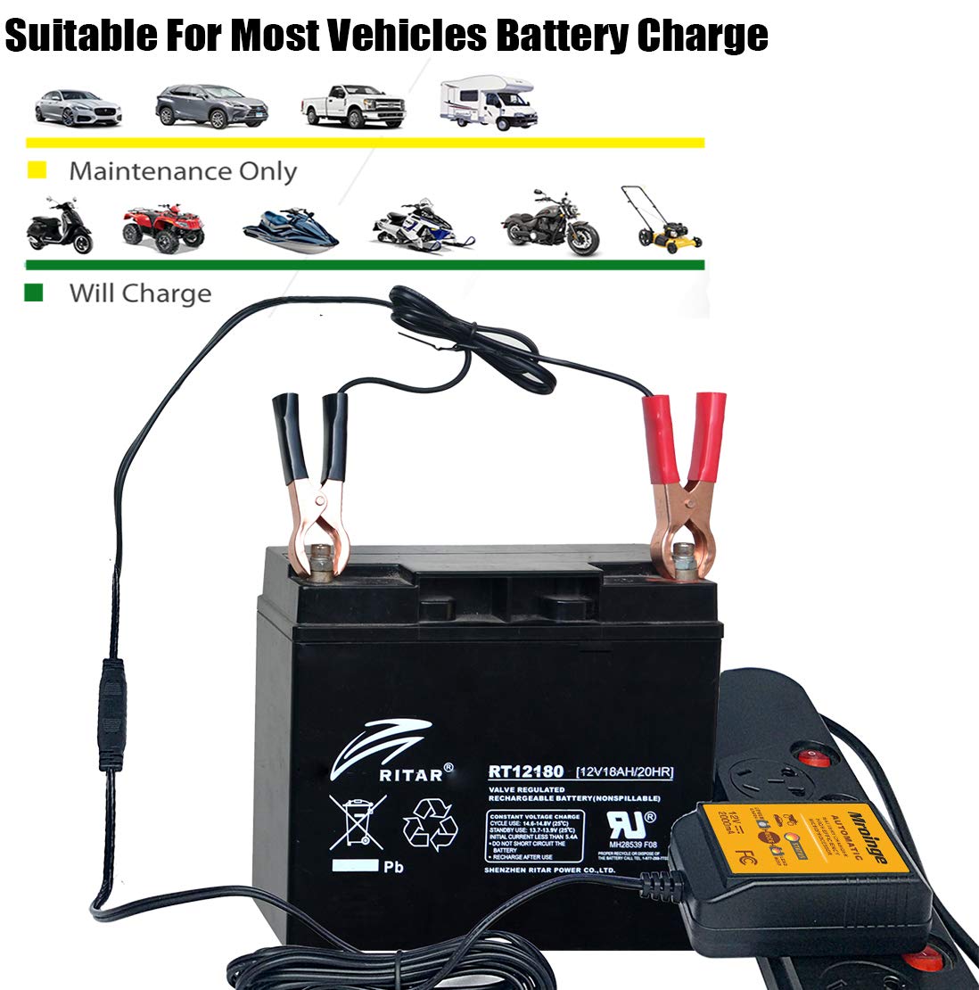 Mroinge 12V 2A Lead Acid & Lithium(Lifepo4) Automatic Trickle Battery Charger Smart Battery Maintainer For Car Motorcycle Lawn Mower Boat Atv Sla Agm Gel Cell Lithium(Lifepo4) And More Batteries