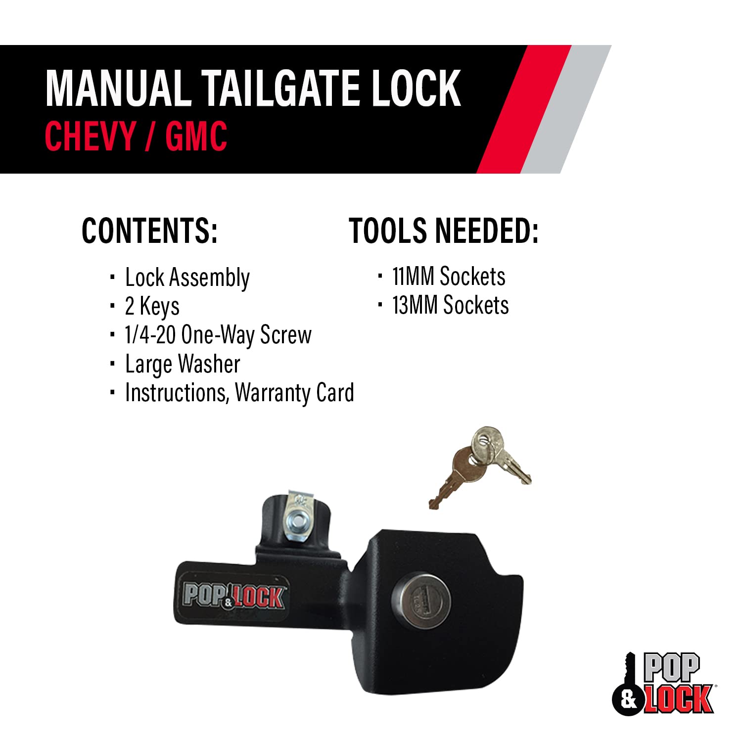 Pop & Lock Tailgate Lock for Chevy Silverado & GMC Sierra, Anti-Theft, Metal, Black, Model PL1100, Easy to Install, 1999-2007