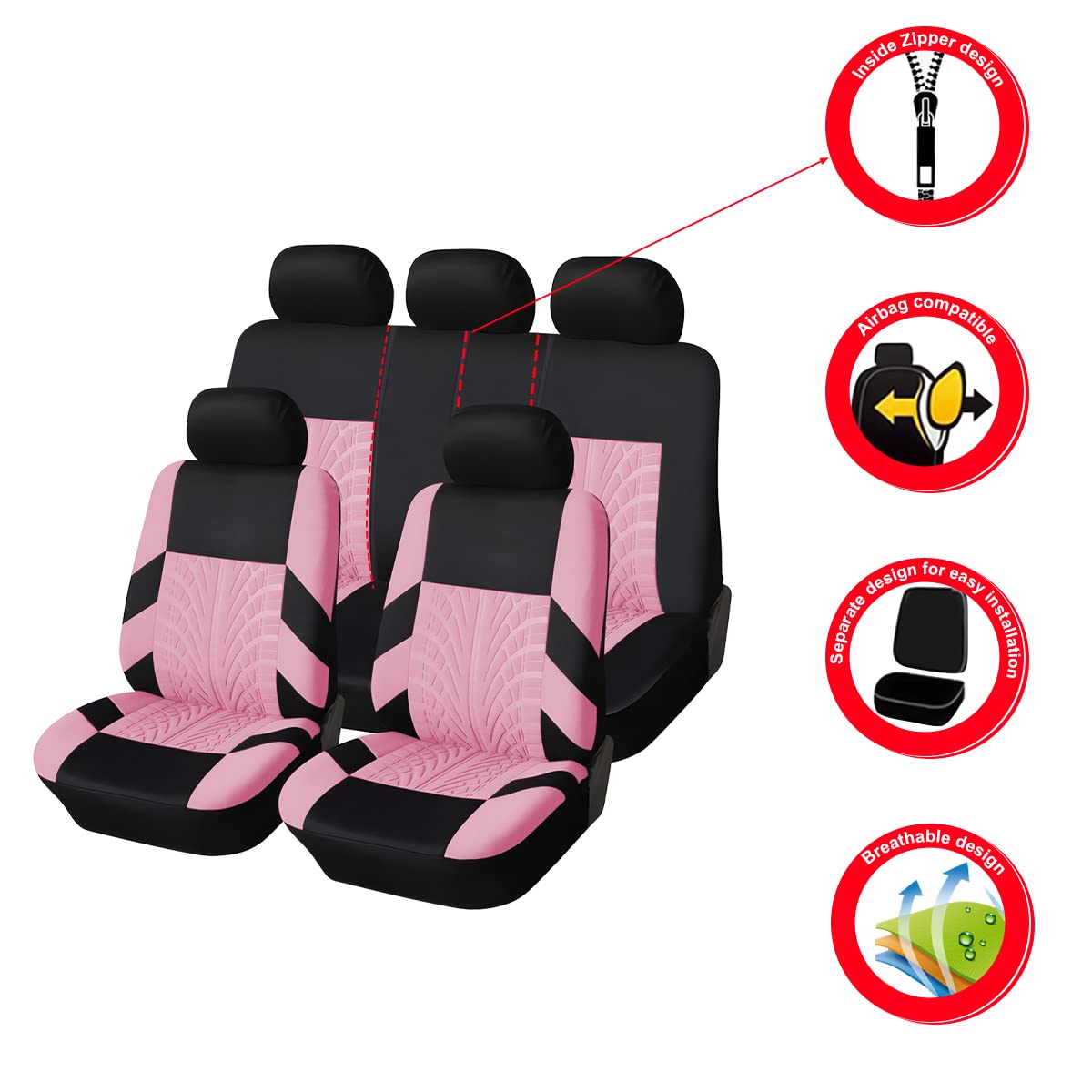 Car Seat Covers Full Set, Polyester Front Bucket Seat Protectors With Split Bench Back Seat Covers, Breathable Thicken Premium Sporty Seat Cushions, Auto Accessories For Car, Suv (Pink/Front,Back)