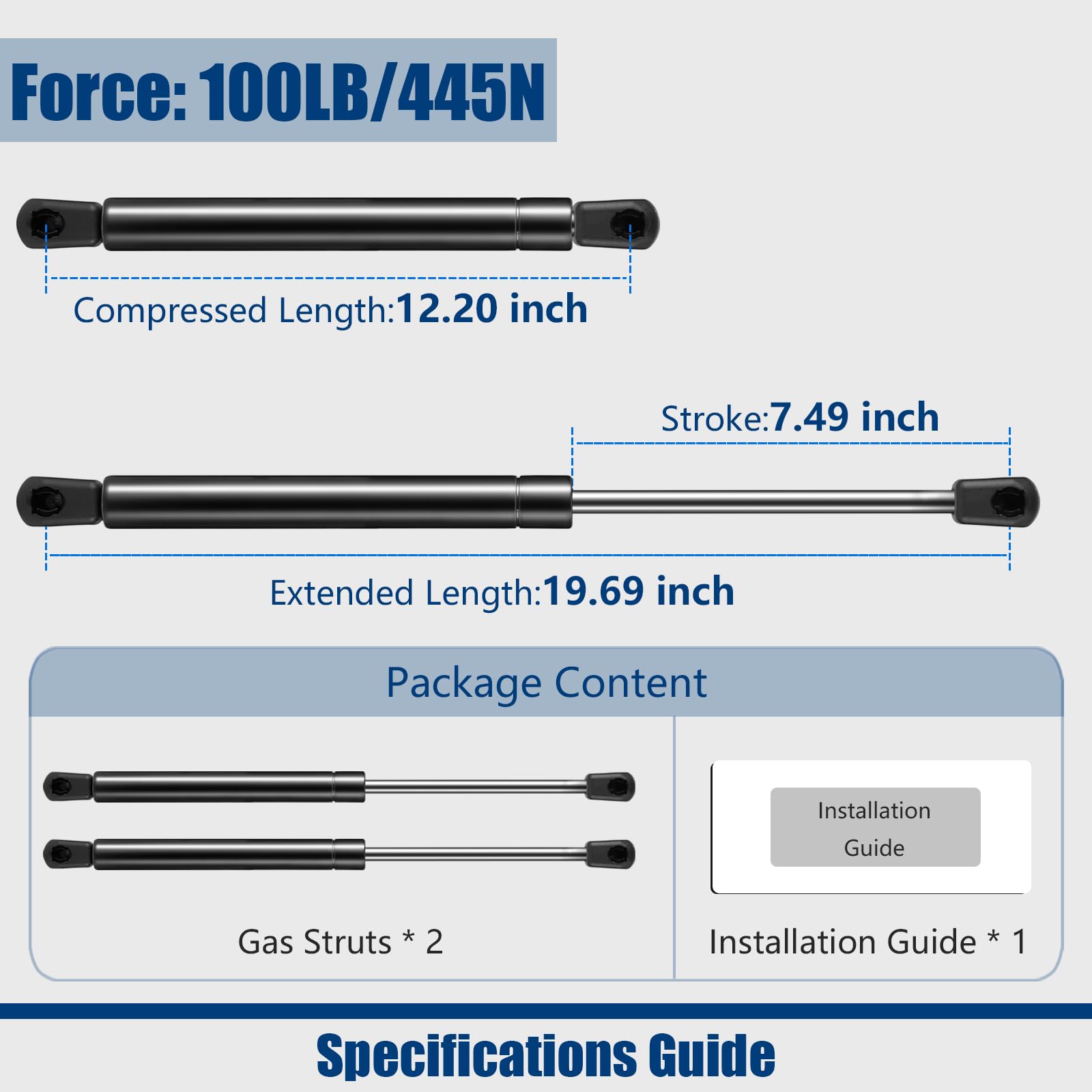 C16-08054 20 Inch 100Lb/445N Gas Strut Shock Spring Lift Support For Rv Camper Bed Storage Door, Truck Cap Bed Tonneau Cover, Bo