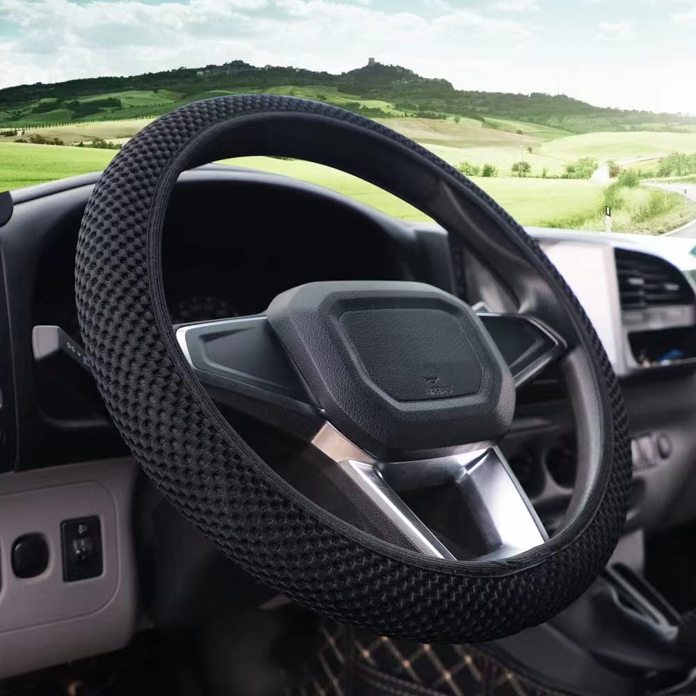 Mrtioo Breathable Stretch Elastic Steering Wheel Cover, Soft Microfiber Ice Silk Cloth Fabric, Hot And Cold Universal 14.5-15 In, Fit Suvs, Vans, Sedans, Cars, Trucks (B-Black Classic)