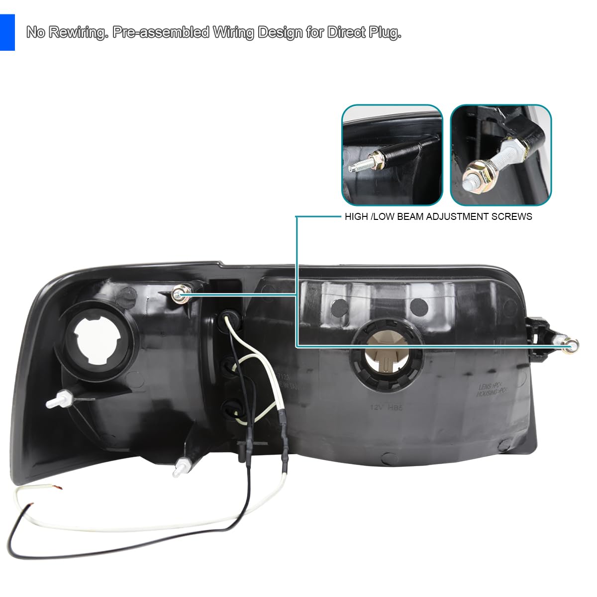 Spec-D Tuning Smoke Lens 1Pc Led Strip Headlights + Corner Lights Compatible With Ford Ranger 1993-1997 L+R Pair Head Light Lamp Assembly