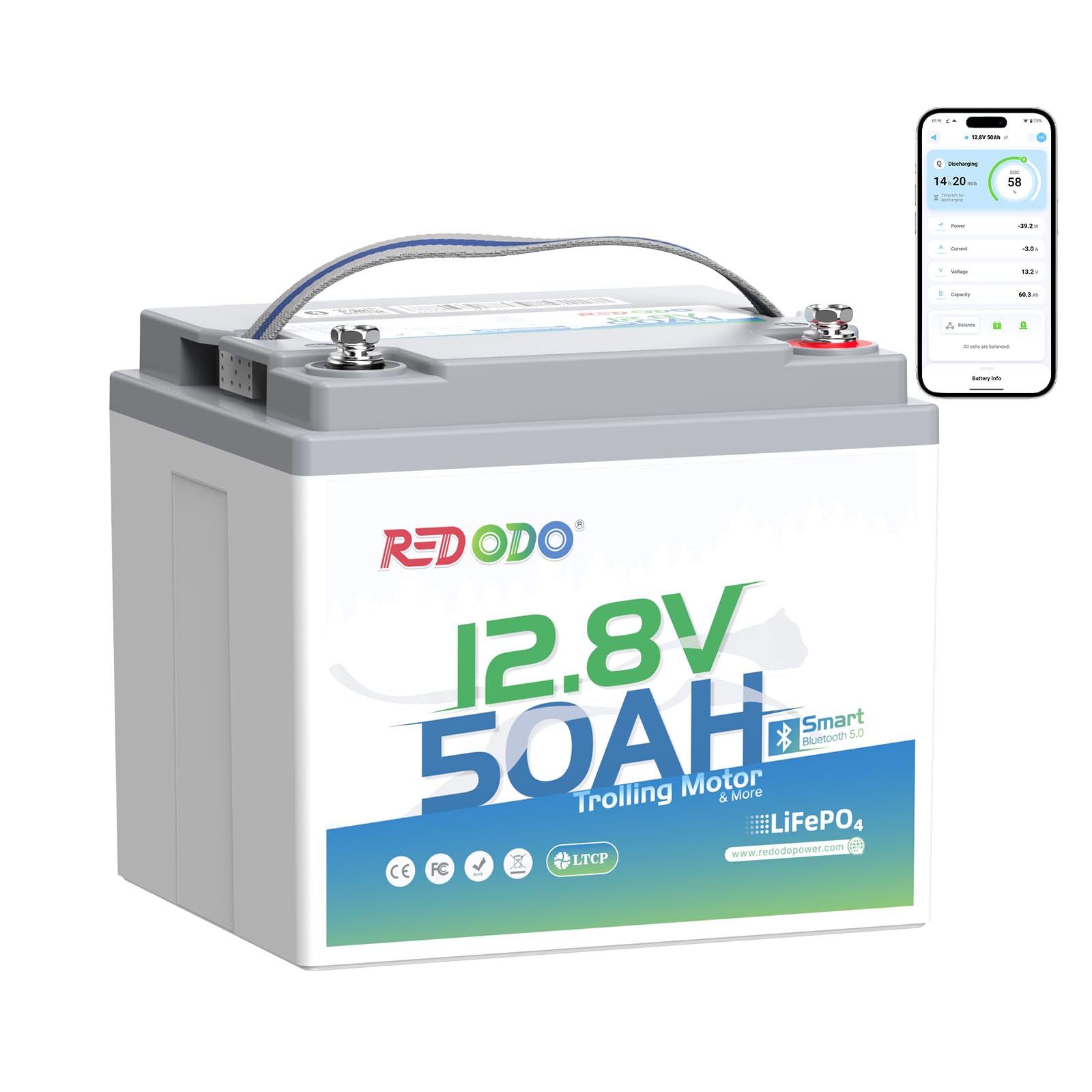 Redodo Smart Bluetooth 12V 50Ah LiFePO4 Lithium Battery for Trolling Motor, Low-Temp Protection, 10 Years Lifetime, Lightweight 