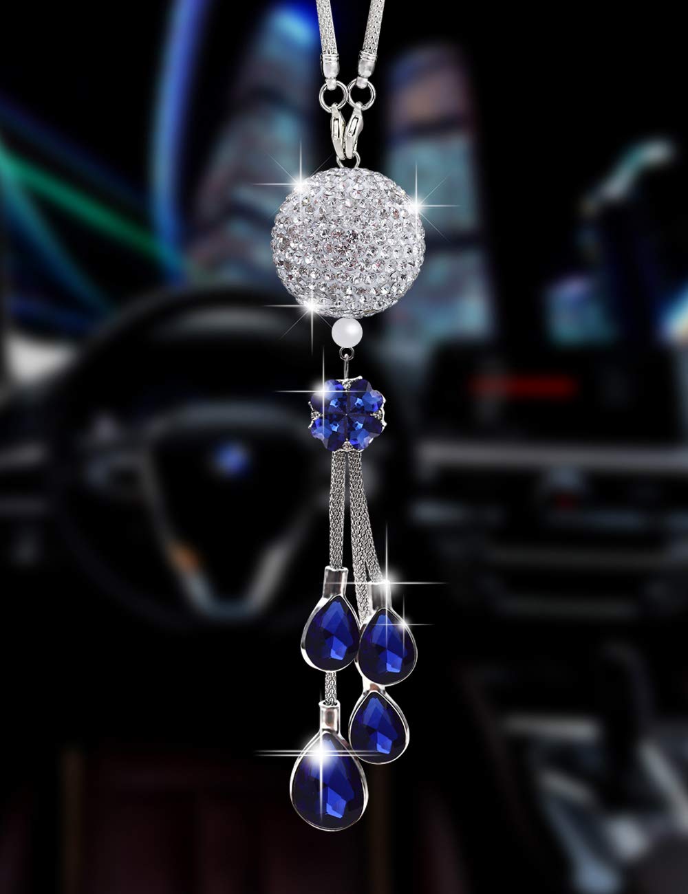 Bling Car Accessories For Women And Man,Cute Car Decor For Women,Lucky Crystal Sun Catcher Ornament,Rear View Mirror Crystal Ball Charm Decor (30 Mm Clear)(Deep Blue)
