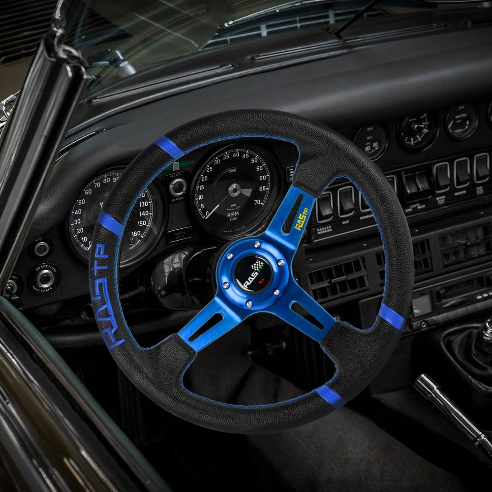 Rastp Universal Racing Steering Wheel,Deep Dish Steering Wheel Leather Embroidery 13.58”/345Mm 6 Bolts With Horn Button Include Cable, Wrench,Blue