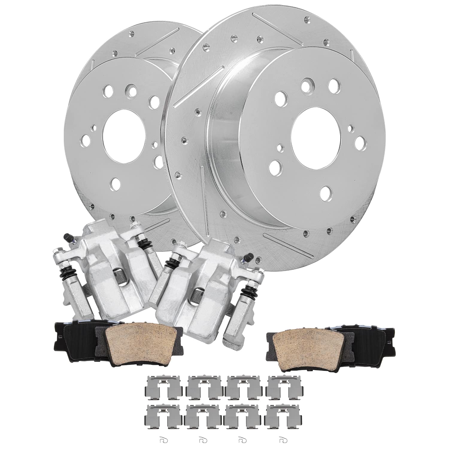 Detroit Axle - Rear Drilled & Slotted Rotors + Calipers + Brake Pads Replacement for 2013-2017 Toyota Camry Avalon Lexus ES350 E