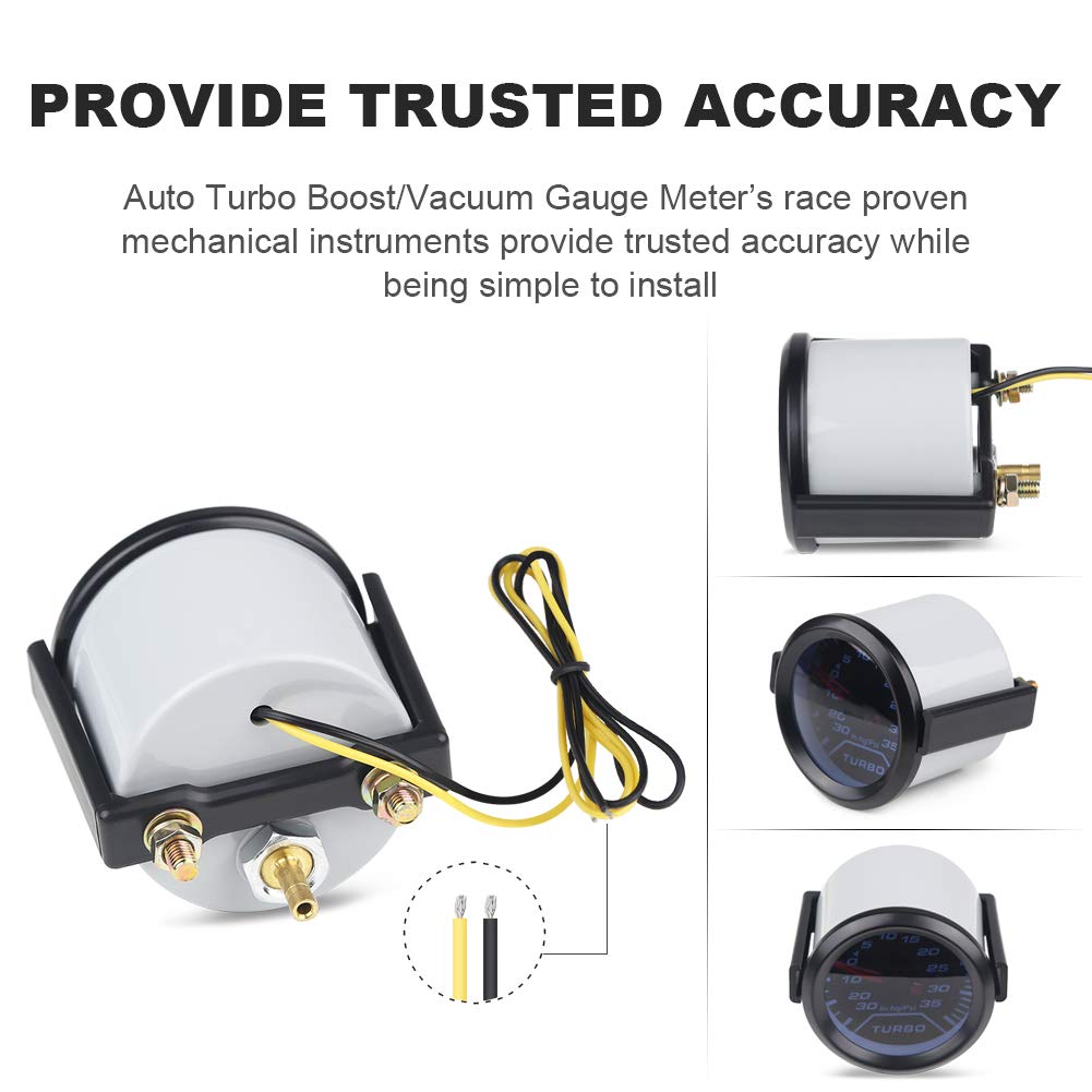 Waterwich 35 Psi Turbo Boost/Vacuum Gauge Meter Kit Includes Mechanical Hose & T-Fitting - Black Dial - Clear Lens 2'' 52Mm 12V