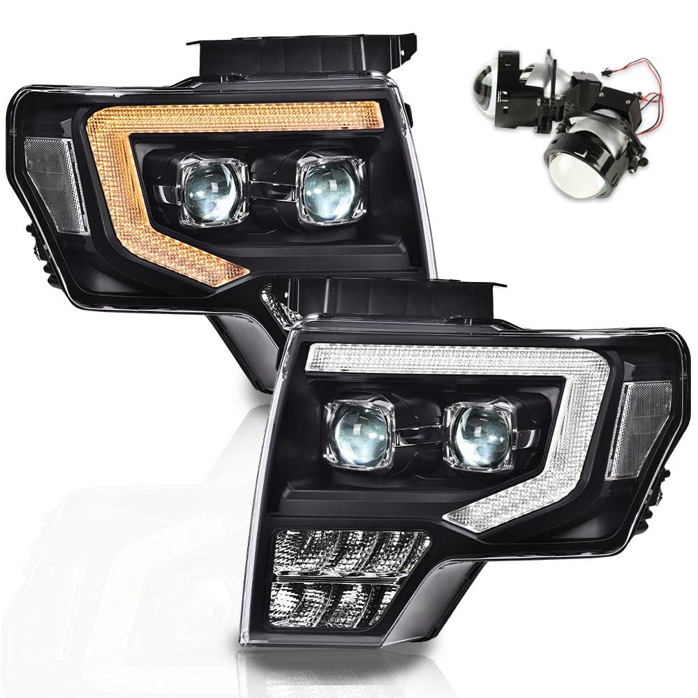 Pit66 Headlight Headlamp Assembly Compatible With Ford F150 2009-2014 (Clear Lens Black Housing Clear Reflector, Modified Style)