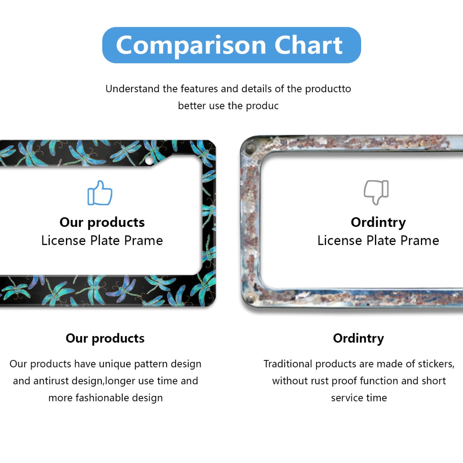 Personalized 2 Pack Beautiful Dragonfly Insects Flying License Plate Frame Stainless Steel Car License Plate Accessory Decorativ