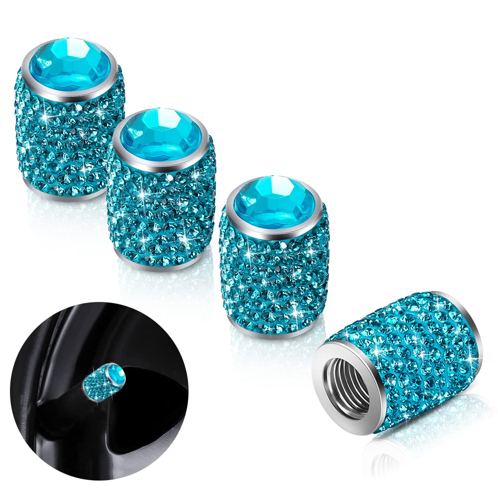 Bling Tire Stem Valve Caps, Crystal Tire Caps Shinny Rhinestone Universal Car Dustproof Tire Valve Caps For Car Suv Motorcycle Bicycle Truck (Sky Blue)