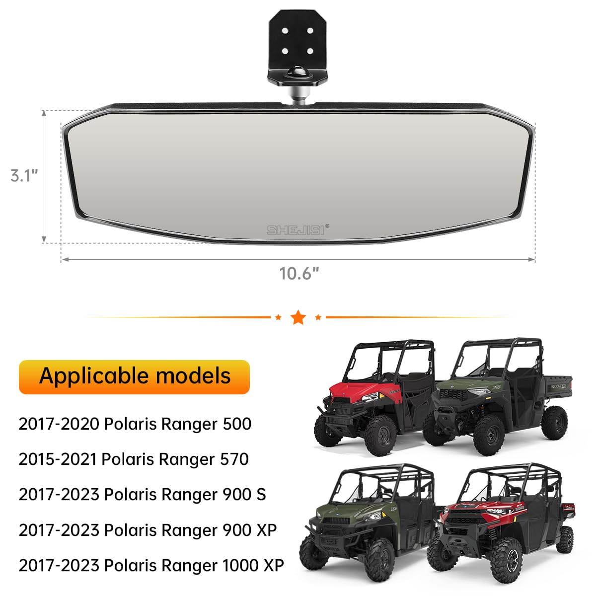 Ranger Rear View Mirror,Shejisi 2023 New Utv Mirrors,Compatible With 2017-2023 Polaris Ranger 500 570 900 Xp 1000 Xp/Crew/Eps,Multi-Angle Adjustable, High-Definition Explosion-Proof Convex Glass