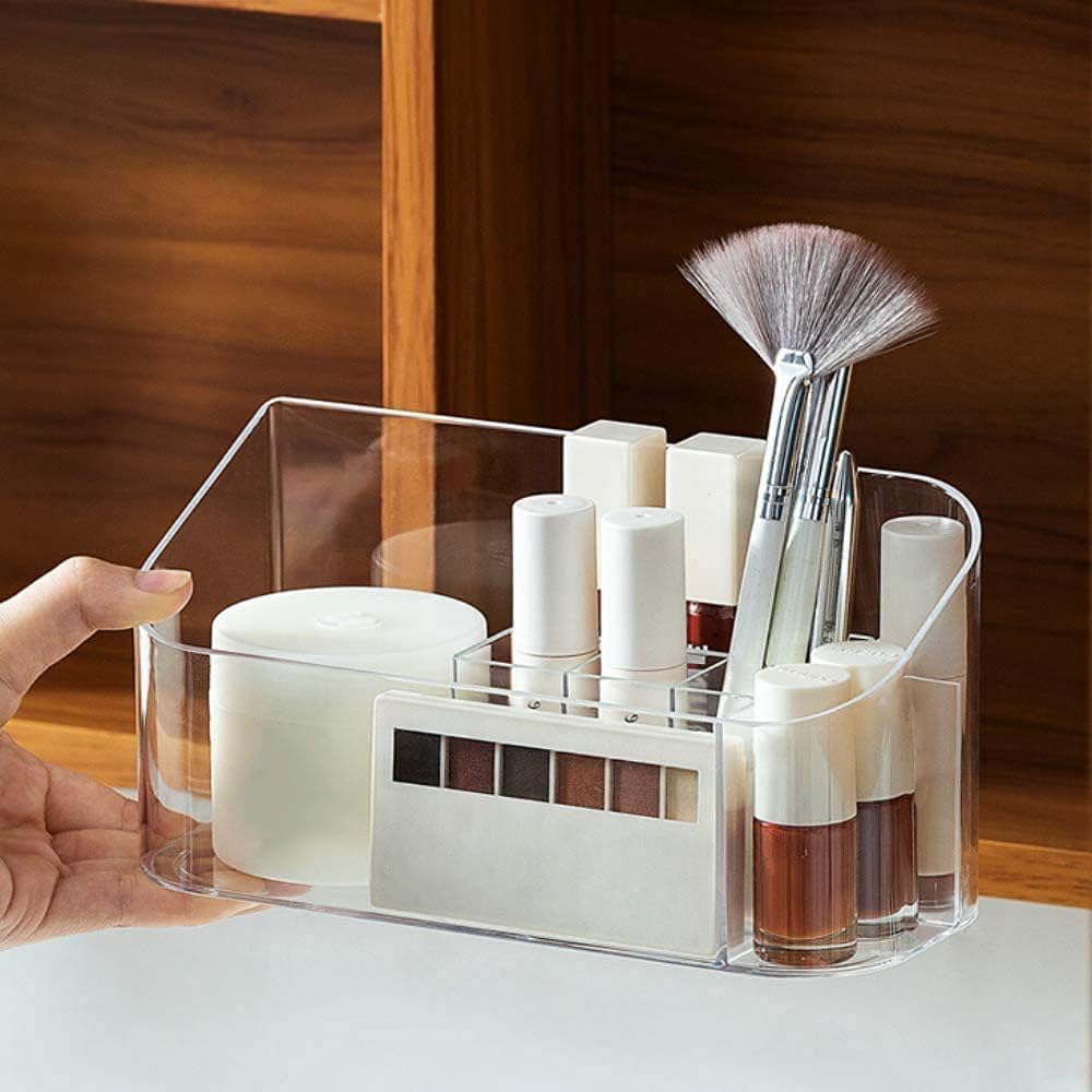 LINFIDITE 2 Pack Bathroom Cabinet Cosmetic Storage Makeup Organizer Tray with 9 Compartments 2 Removable Dividers Lipgloss Organizer Makeup Display Tray Case for Beauty Essentials Crystal Clear-New
