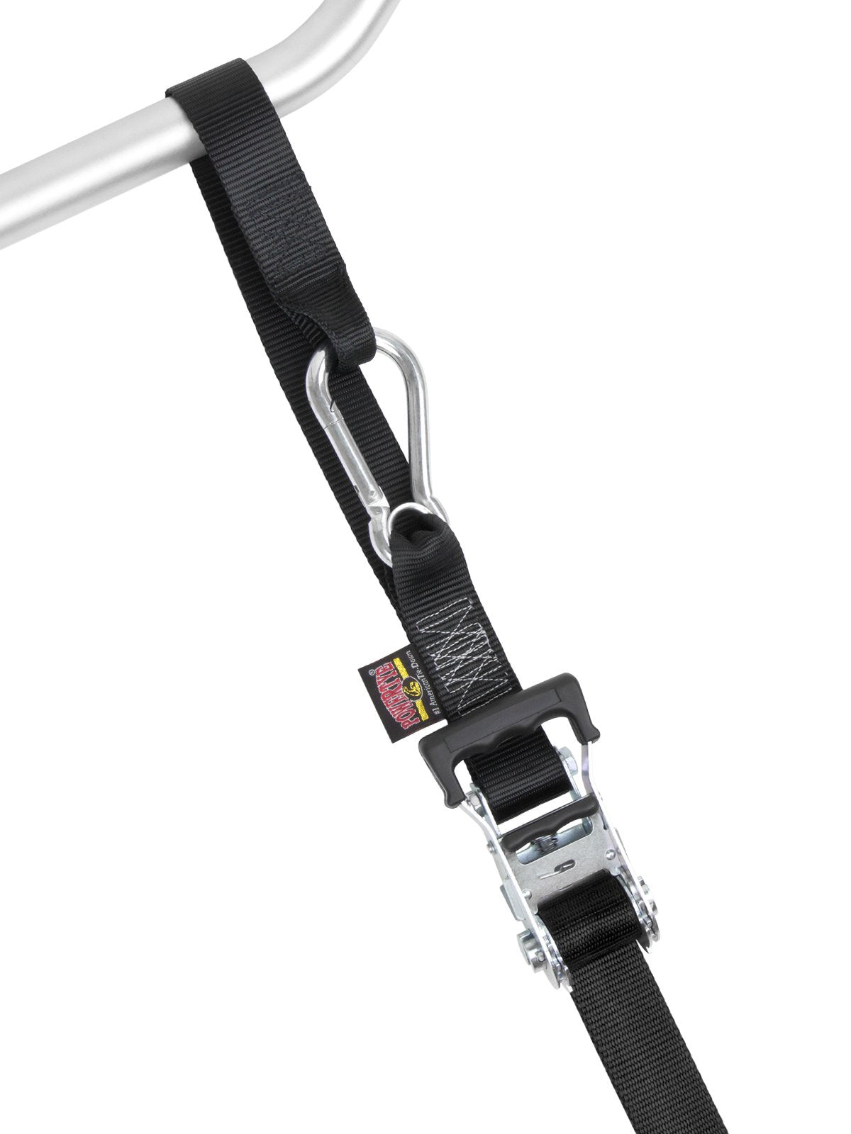 Powertye 1.5In X 6.5Ft Heavy Duty Ratchet Tie-Down Straps With Soft-Tye And Carabiner Hooks - 1,000 Lb Working Load Limit / 3,000 Lb Breaking Strength - Made In Usa - Black/Black Pair