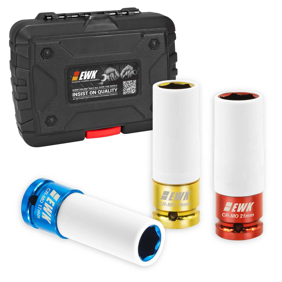 Ewk 3 Pcs 1/2'' Drive 17 19 21 Mm Lug Nut Impact Socket Set, Non-Marring Thin Wall Wheel Rim Protector Sockets, Cr-Mo, Mertic