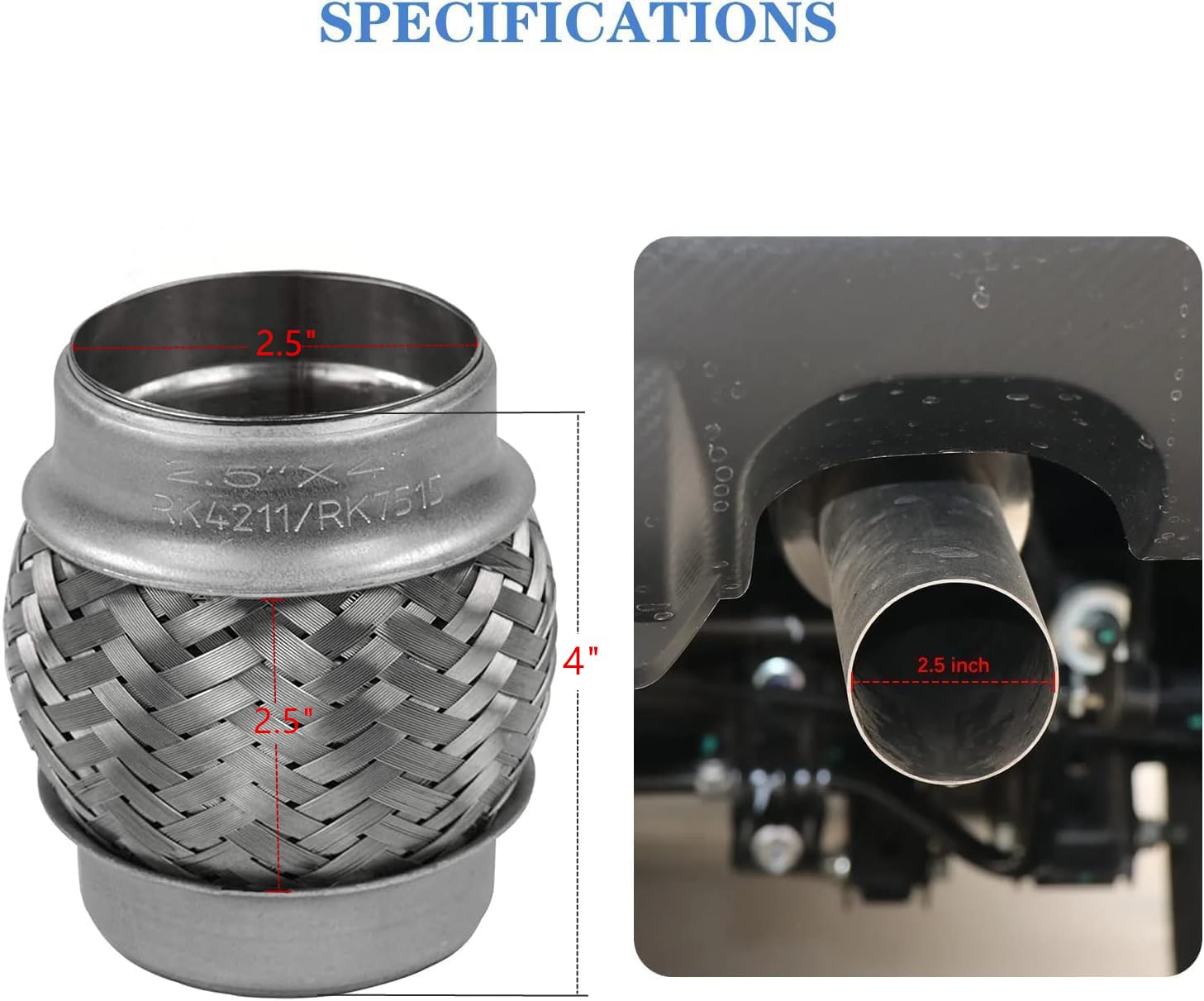 Rp Remarkable Power, 2 Pack 2.5 Inch Inlet Exhaust Flex Pipe,2.5 Id X 4 Length Flexible Tube,Stainless Steel Double Braid Heavy