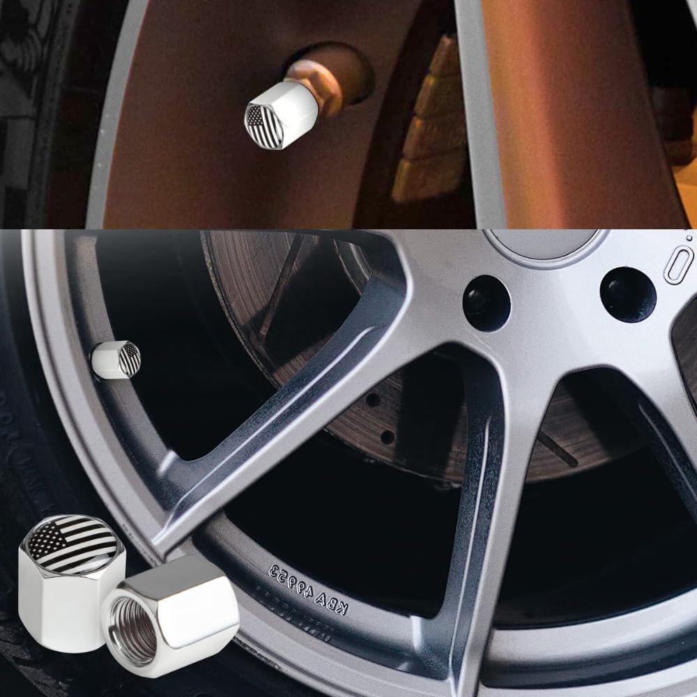 Tactilian American Flag Chrome Valve Stem Caps 4 Pack | Leakproof Aluminum Tire Valve Caps With Rubber O-Ring, Universal Fit For