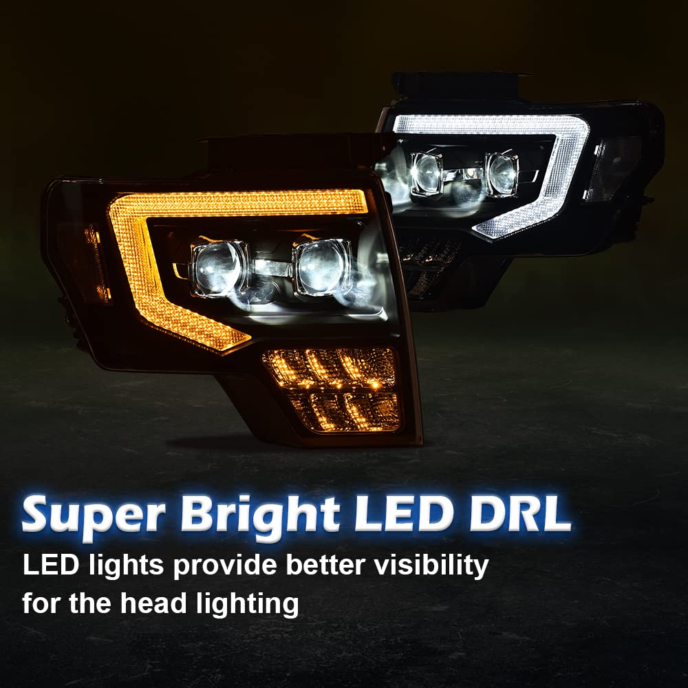 Pit66 Headlight Headlamp Assembly Compatible With Ford F150 2009-2014 (Clear Lens Black Housing Clear Reflector, Modified Style)