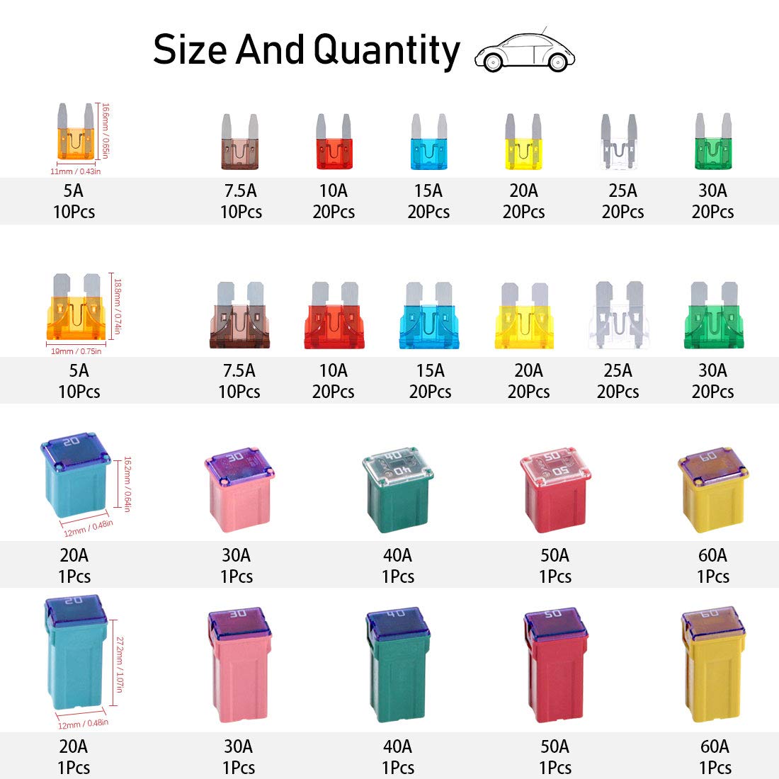 Rustark 250pcs US Grade Automotive Fuses Assortment Kit Standard & Mini Car Blade Fuses, Low and Tall/STD Profile Box Shaped Ass