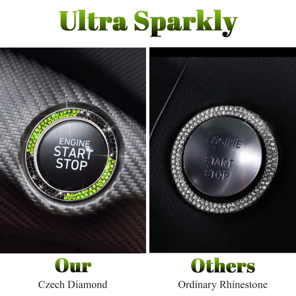 Tobequeen Bling Black Green Push Start Button Cover Emblem Sticker, Crystal Diamond Rhinestone Start Button Ring Car Decor, Gree