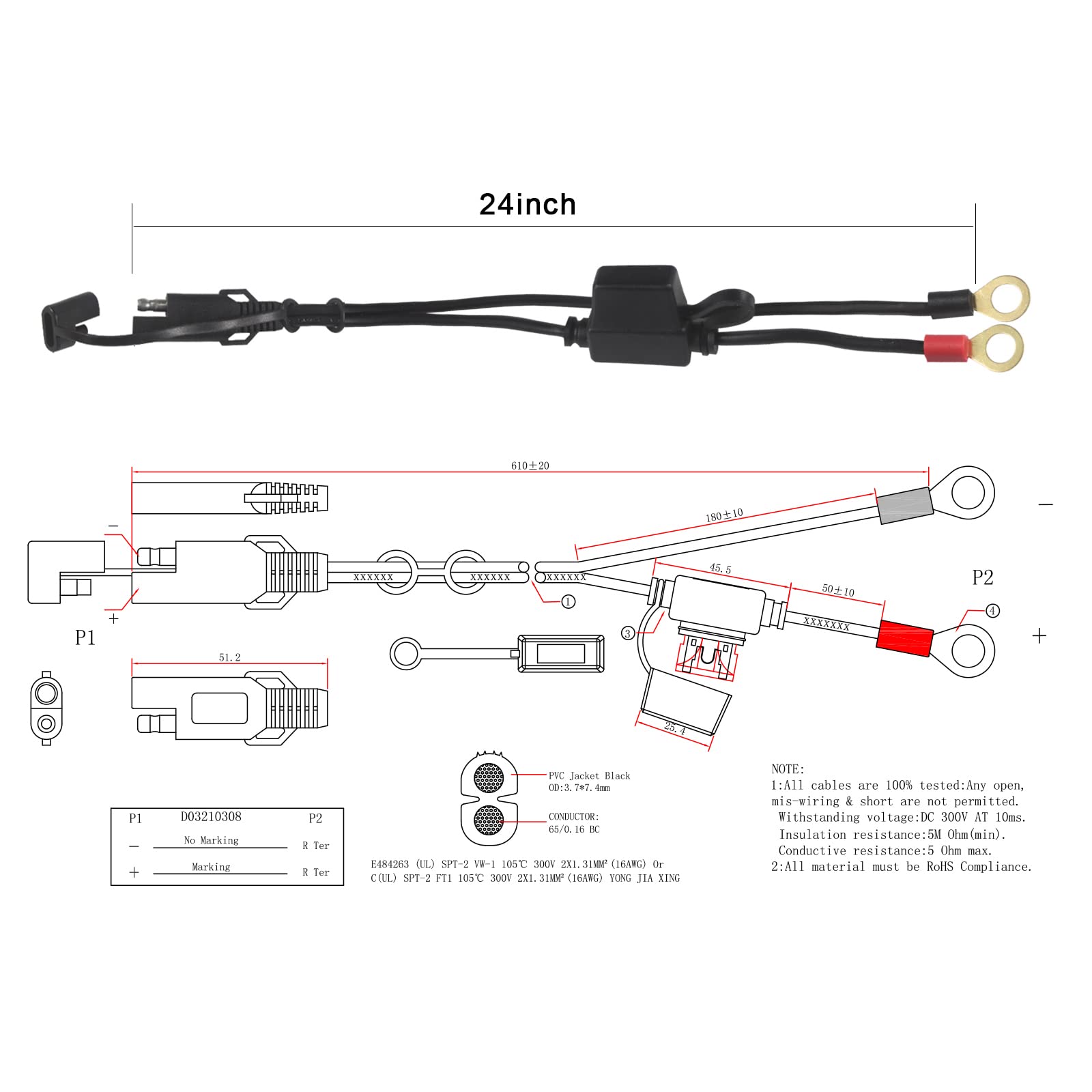 [ 5 Pack] SAE to O Ring Terminal Harness 2FT - SAE Eyelet Ring Terminal Cable 16awg Motorcycle Battery Trickle Charger Extension