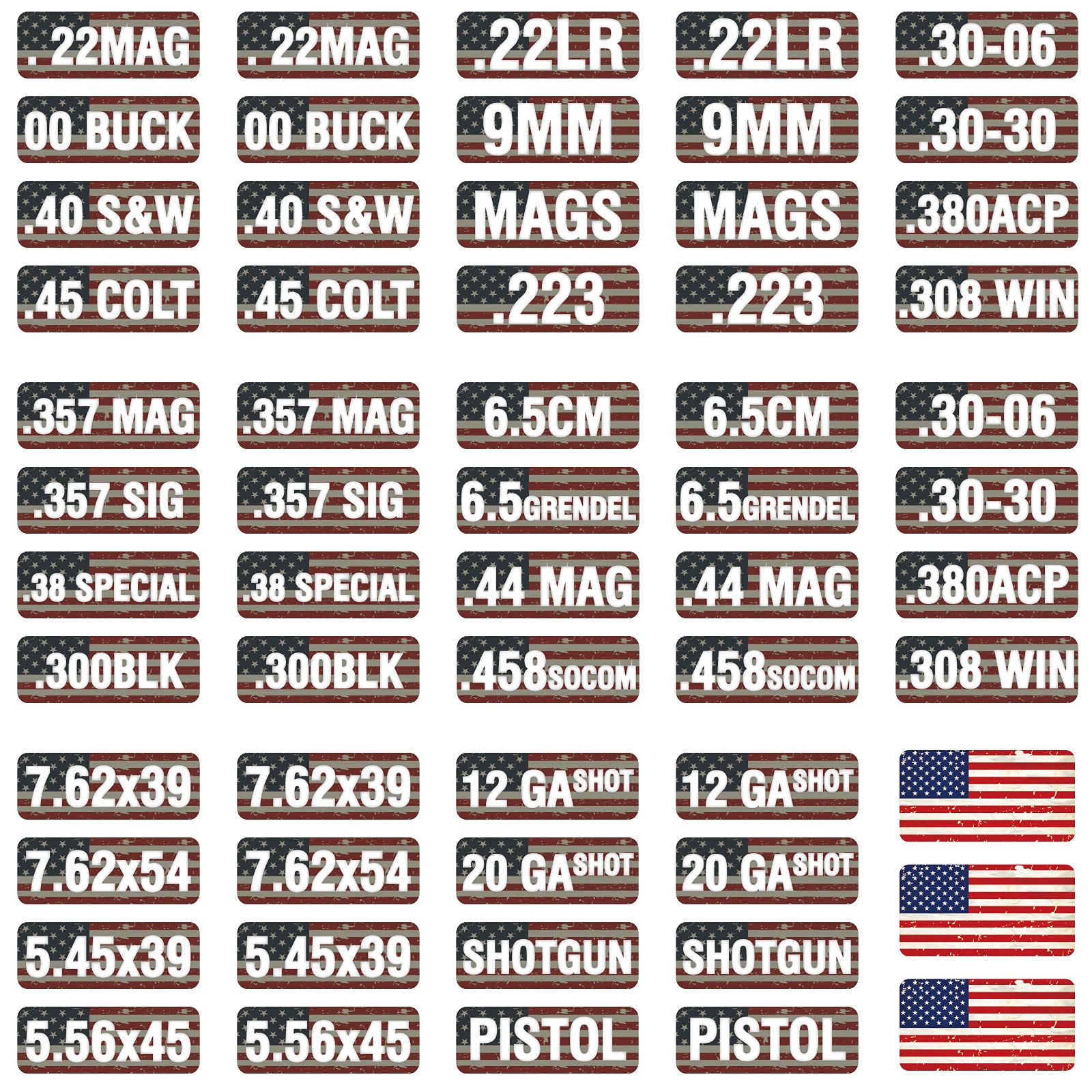 Aolamegs Ammo Can Vinyl Sticker Set Decal Label For Cans Cases Boxes .22 .223 .308 9Mm .380 .45 5.56 7.62 12Ga 300Blk (56 Pack/28 Varieties &3 Pcs Usa Flag Stickers)