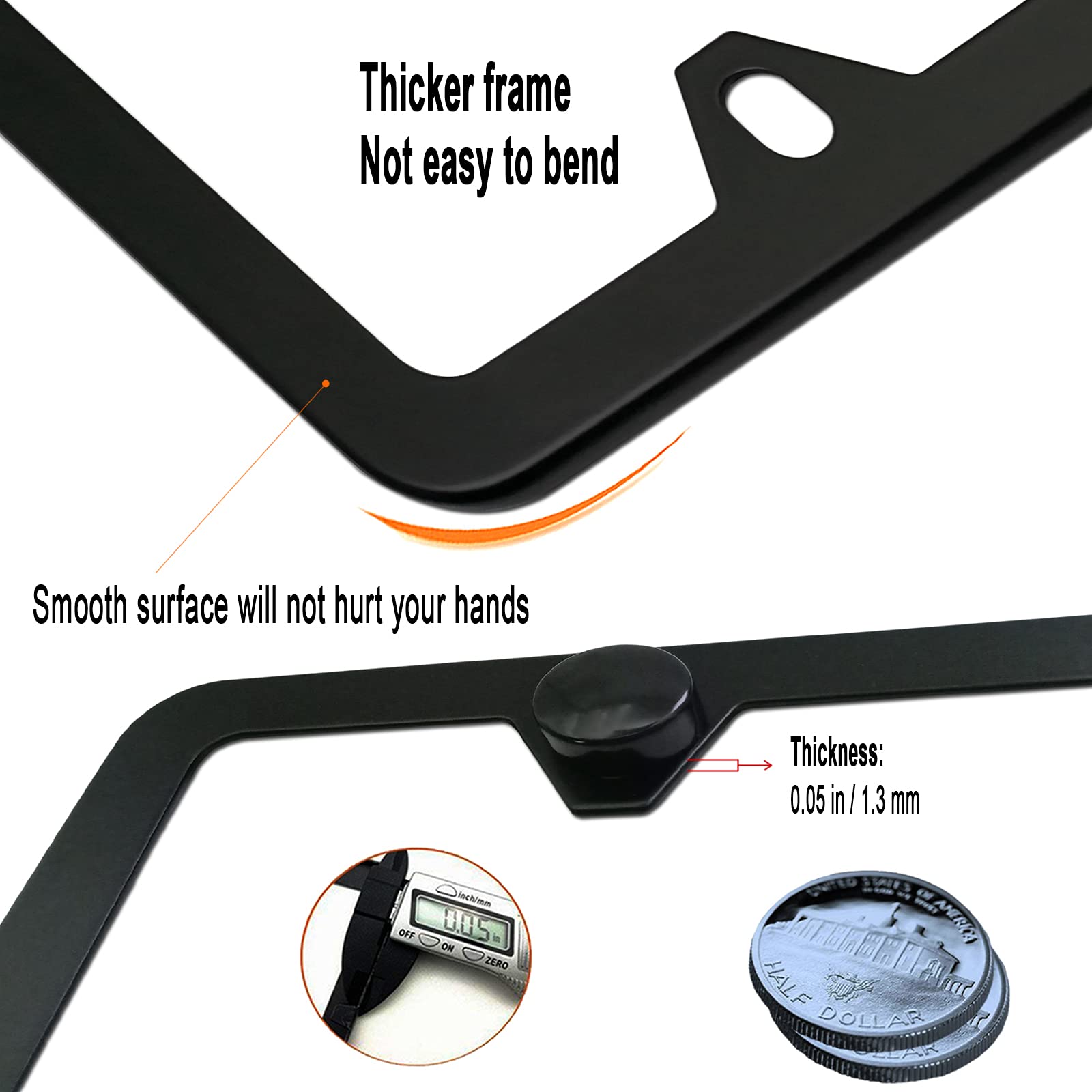 YoUoY Matte Black License Plate Frames- Aluminum Front & Rear Car Tag Covers for Men Women, 2 Pack 4 Hole Thin Slim Holders with
