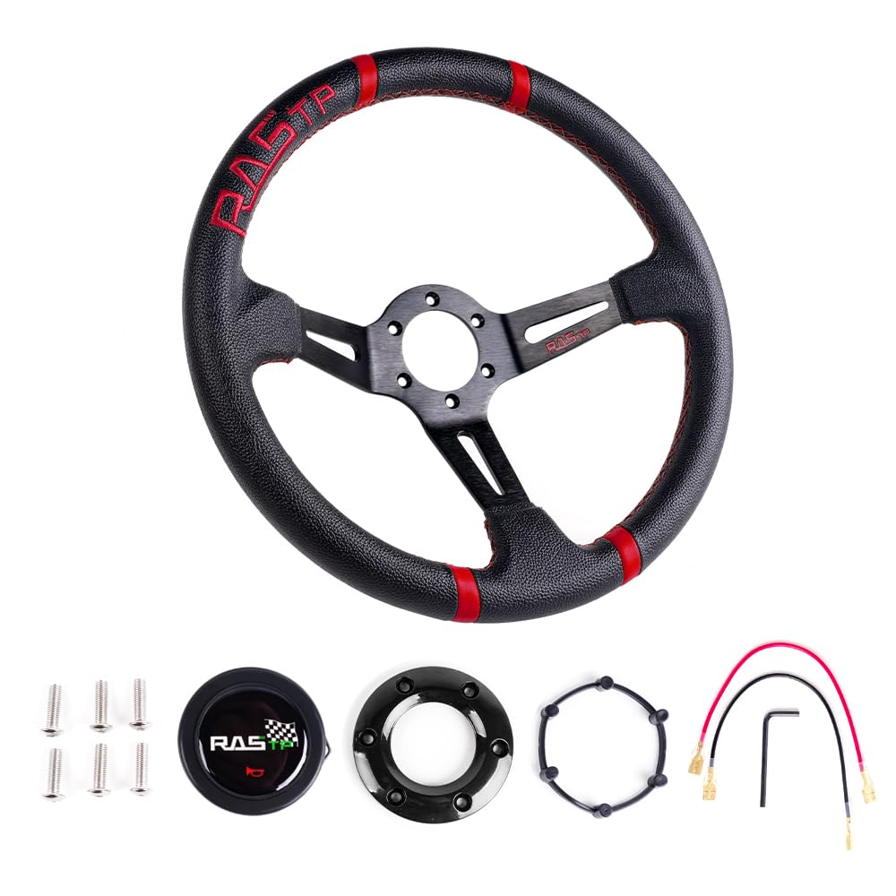 RASTP Universal Racing Steering Wheel,Deep Dish Steering Wheel Leather Embroidery 13.58”/345mm 6 Bolts with Horn Button Include Cable, Wrench,Black