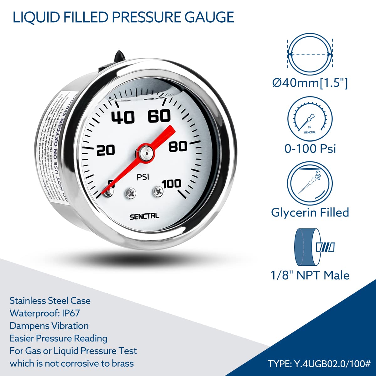 SENCTRL 0-100 Psi Fuel Pressure Gauge, 1-1/2'' Dial Size, 1/8'' NPT Back Mount, Glycerin Liquid Filled, Stainless Steel Case, In