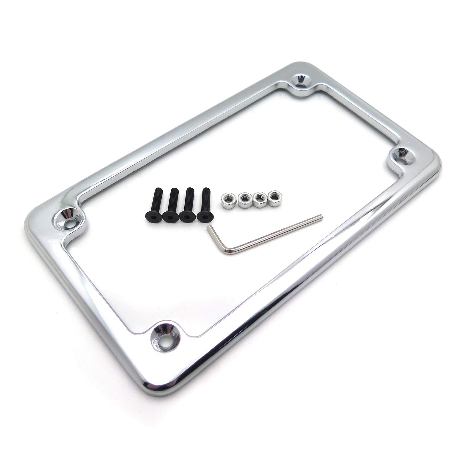 Httmt Mt294-001-Cd Chrome Flat License Plate Frame Bracket Tag Holder 7 Inches X 4 Inches Compatible With Universal Motorcycle