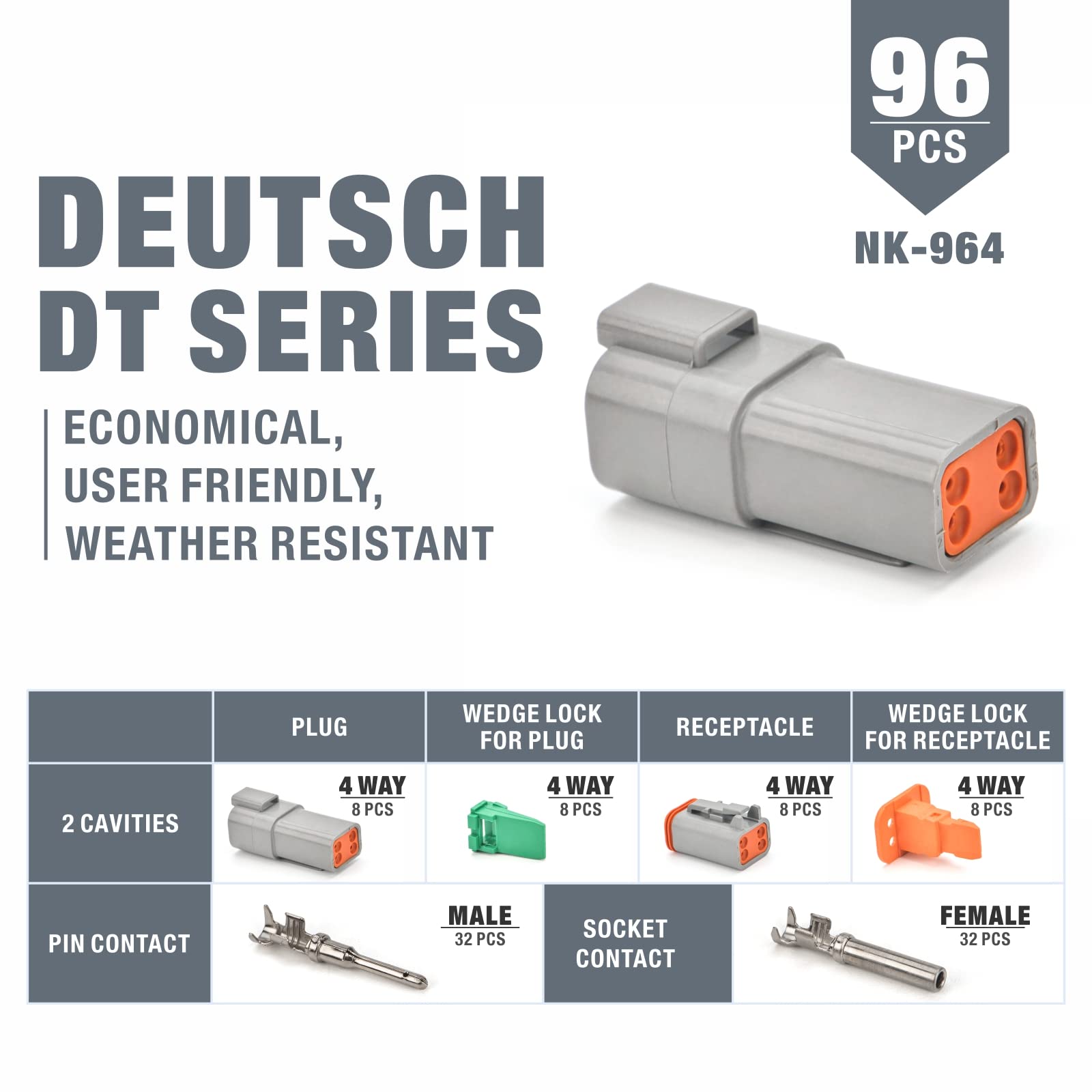 Iwiss Deutsch 4 Pin Way Dt Connector Kit, Size 16 Stamped Contacts 14-18Awg, Automotive Electrical Connectors, 96 Pieces