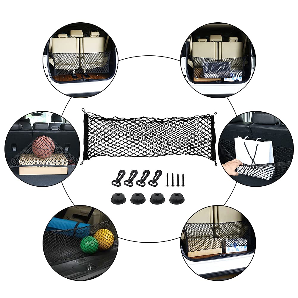 Car Rear Cargo Net, Universal Adjustable Elastic Trunk Cargo Storage Organizer Net Compatible For Suv, Jeep, Truck, Storage Nylo
