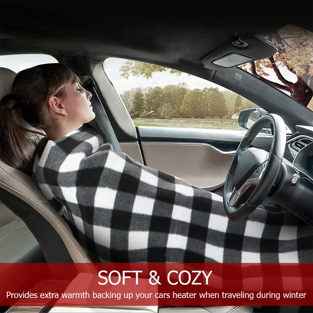 Amazingforless Plaid 12V Heated Fleece Car Blanket With Controller For Timer & Heat Levels Plaid Electric Car Blanket (Navy Plaid)