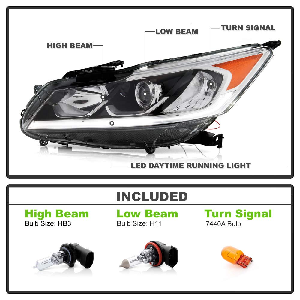 Acanii - For 2016-2017 Honda Accord Ex Ex-L Sport Led Drl Projector Headlights Headlamps Assembly Set Driver & Passenger