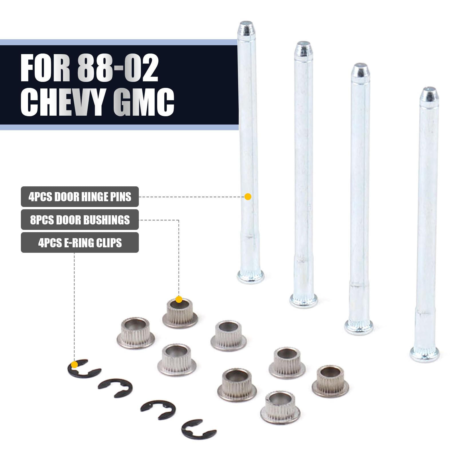 Flygun 16 Pcs Car Door Hinge Pin Kit, Metal Rustproof Stabilized Door Hinge Roll Pin And Bushing Repair Kit, With E-Ring Clamp Mounting Accessories, Compatible With 1988-2002 Chevrolet Gmc (Silver)