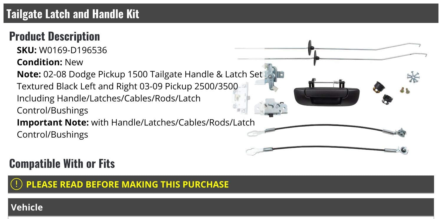 Marketplace Auto Parts - Tailgate Latch And Handle Kit With Hardware - Compatible With 2002-2008 Dodge Ram 1500