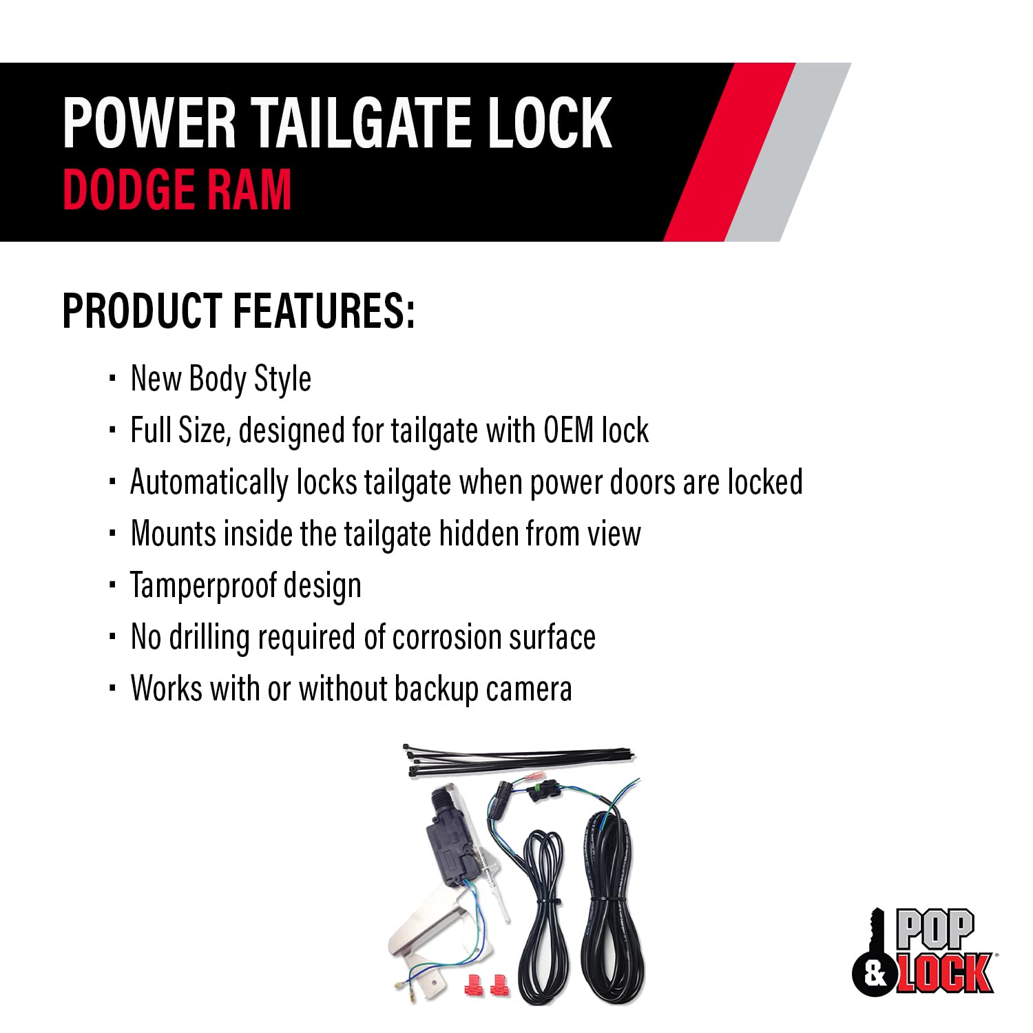 Pop & Lock Power Tailgate Lock for Dodge Ram 1500/2500/3500 (2010-2015) - Metal, Red, Model PL8350