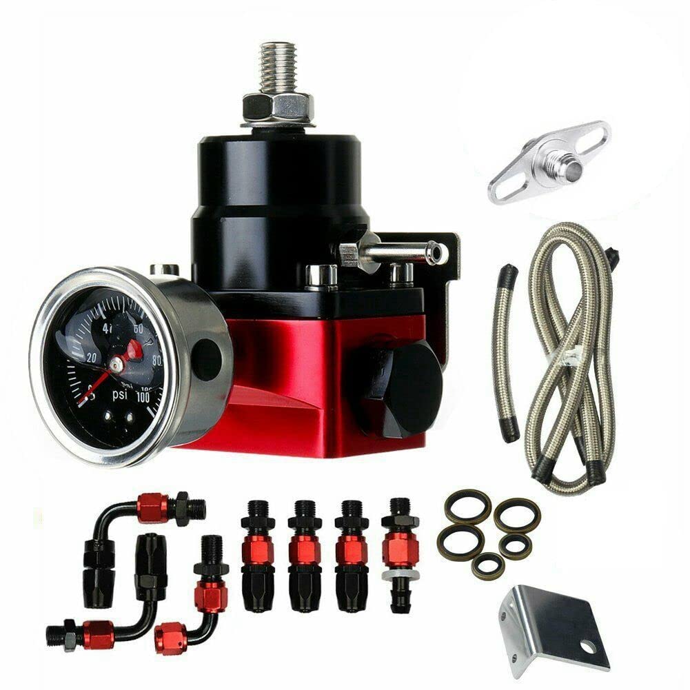 Aikosin Black-Red Adjustable Universal Aluminum Fuel Pressure Regulator Kit EFI Bypass Return 0-100psi Gauge -6AN 6AN Fuel Line 
