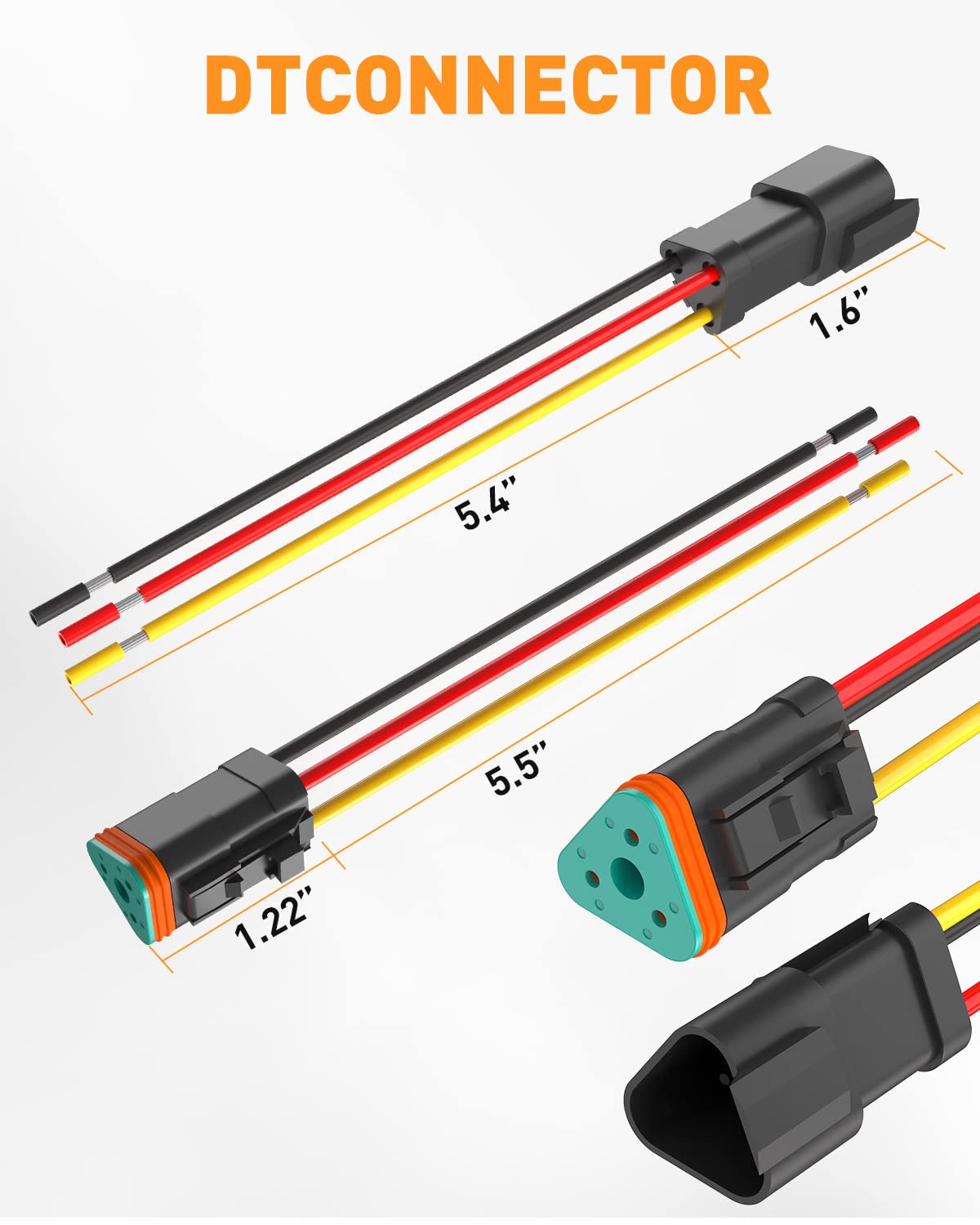 NAOEVO 3 Pin DT Connectors Waterproof, 3 Wire Connector 16 AWG Automotive Electrical Connector, 3 Pin Connectors Male And Female