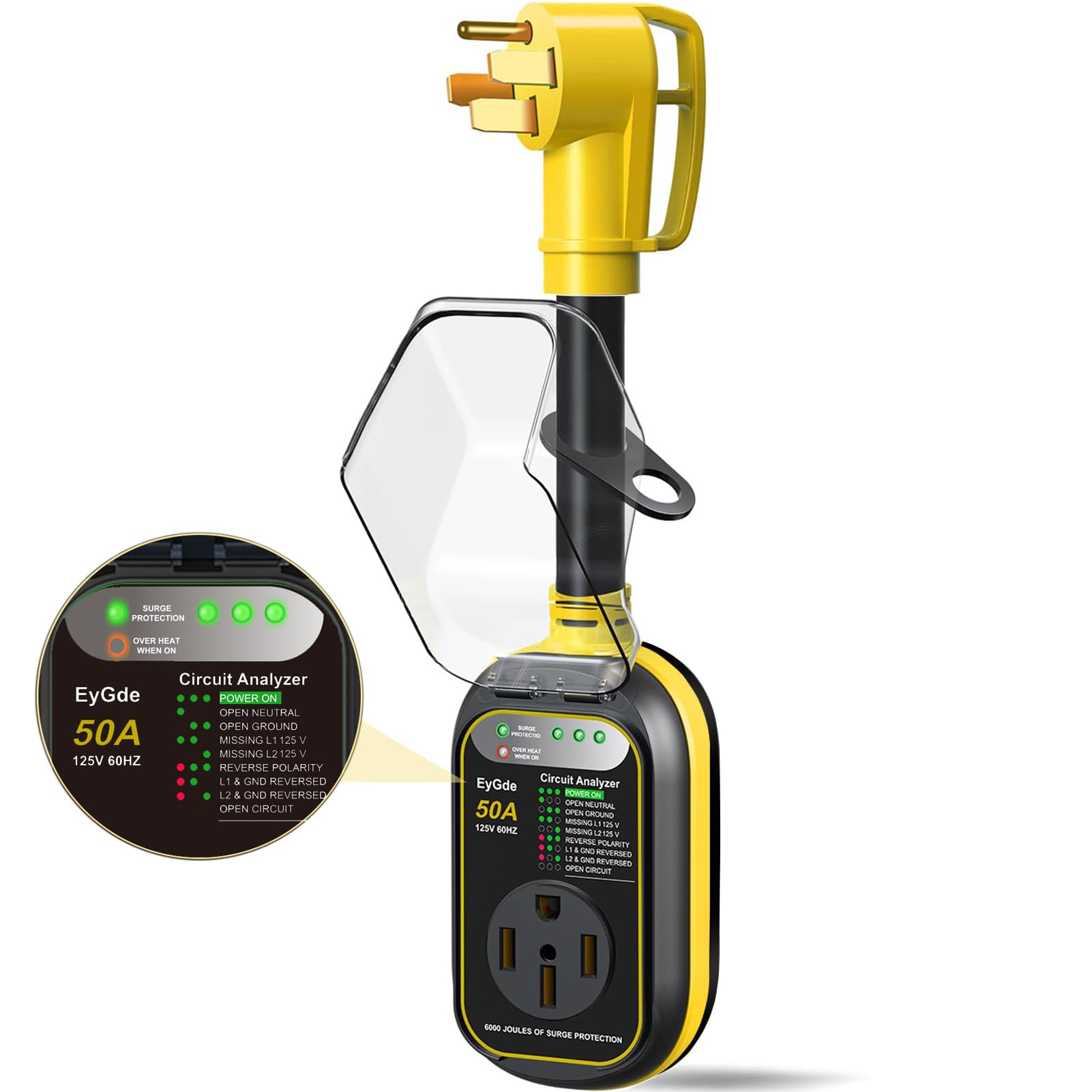 Eygde Rv Surge Protector 50 Amp Waterproof - 50A Rv Analyzer Voltage Protection Power Guard For Camper Travel Trailer, Yellow