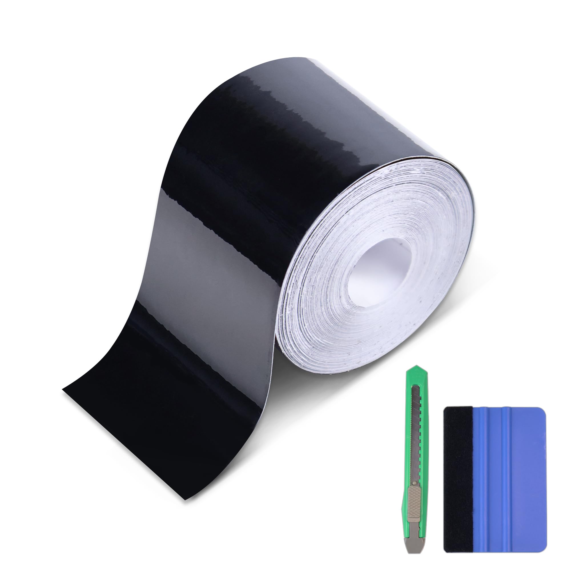 Lypumso High Gloss Black Vinyl Wrap Tape, 2 Inch X 30Ft Self-Adhesive Universal Chrome Black Detailing Tape With Tool, Anti-Scra