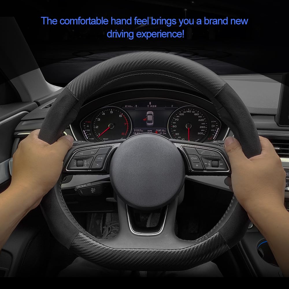 Carodi Suede Carbon Fiber Steering Wheel Cover - Non-Slip Leather, Fits Most Cars (15-Inch, Black, D-Shape)