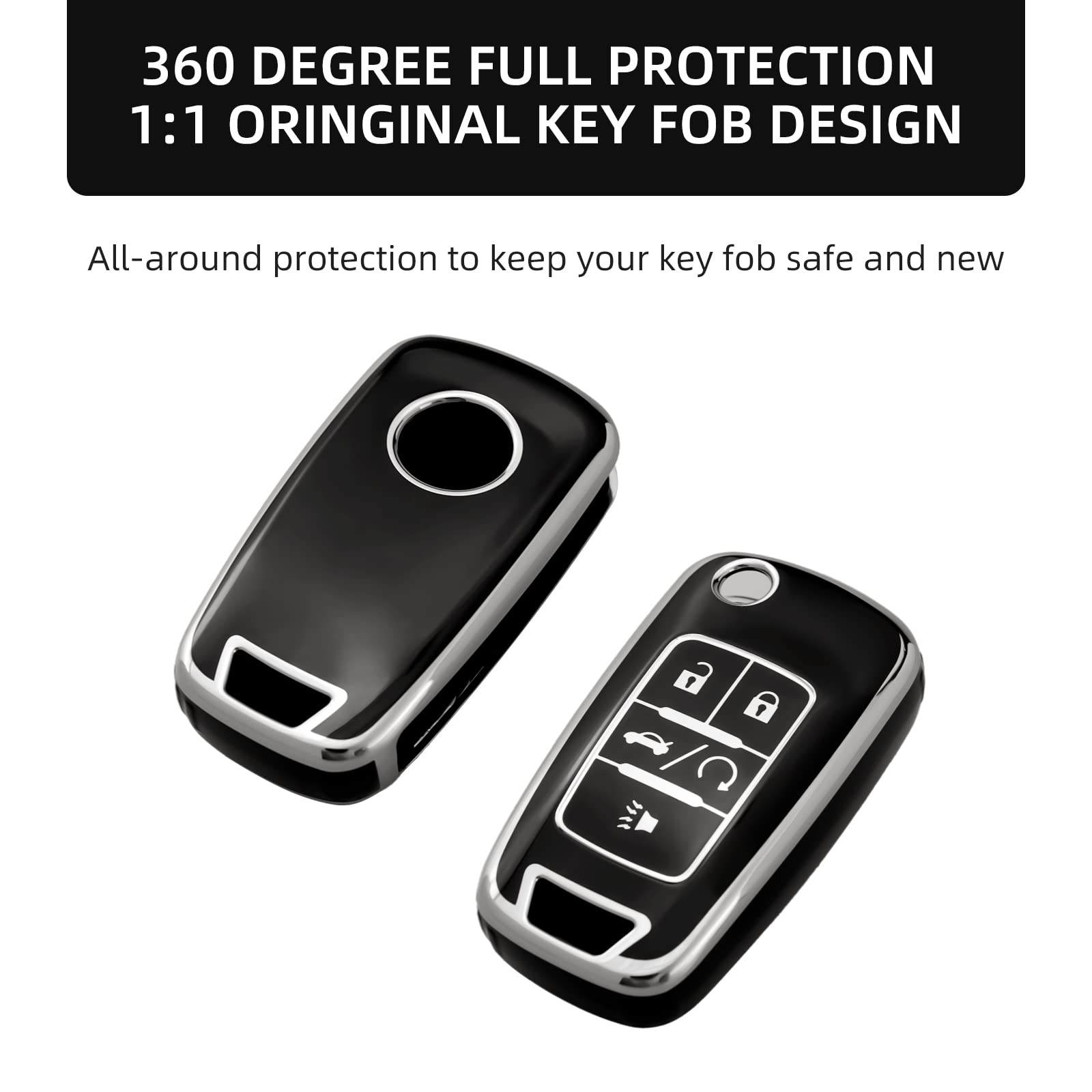 Offcurve For Chevy Key Fob Cover With Keychain, Car Key Case Fit For Chevrolet Chevy Gmc Buick Encore Terrain Malibu Camaro Cruze Impala Equinox Volt Spark Sonic Car Smart Key Accessories, Black