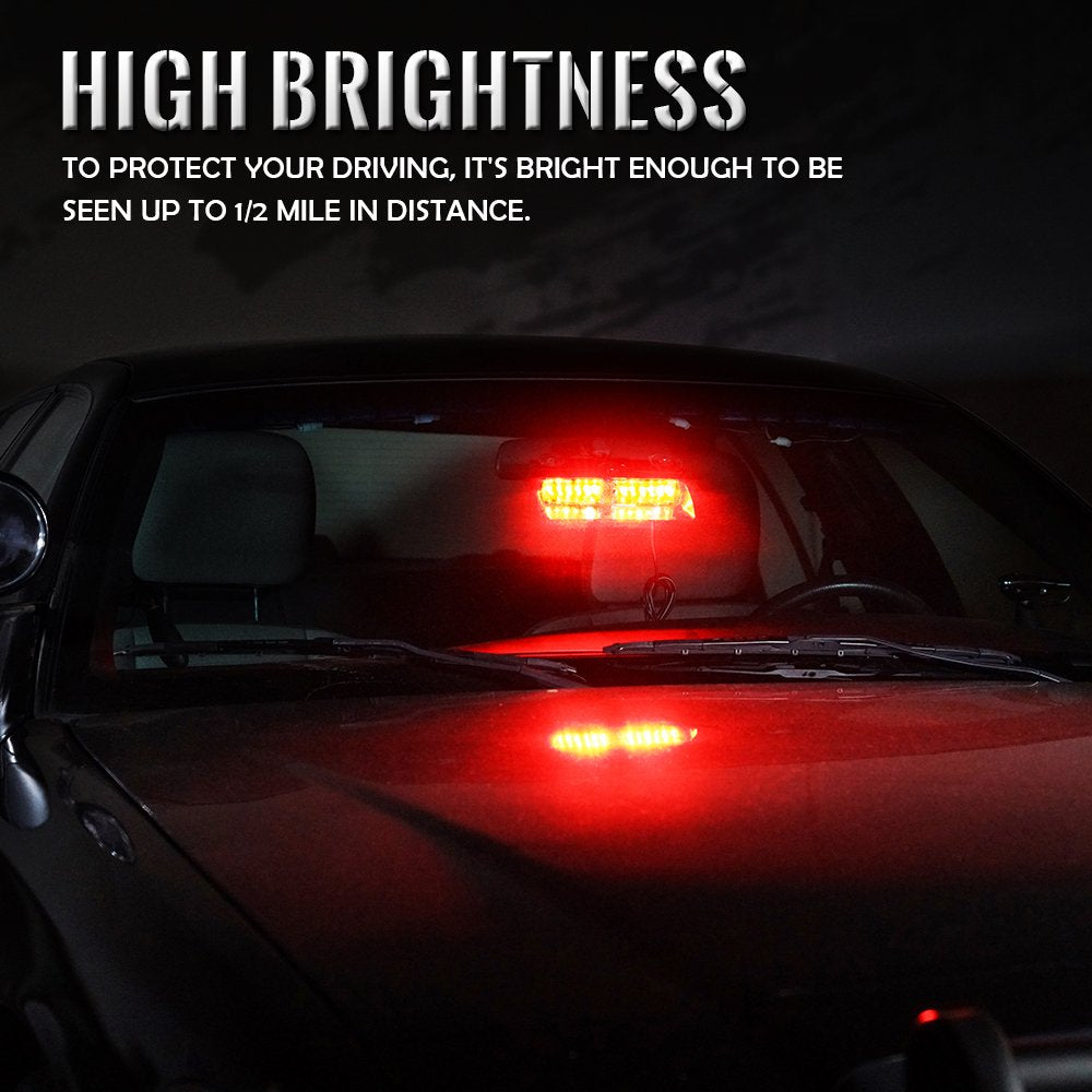 Xprite Red Led Emergency Dash Strobe Light, Interior Windshield Safety Warning Firefighter Lights W/Suction Cups, 12V Windshield